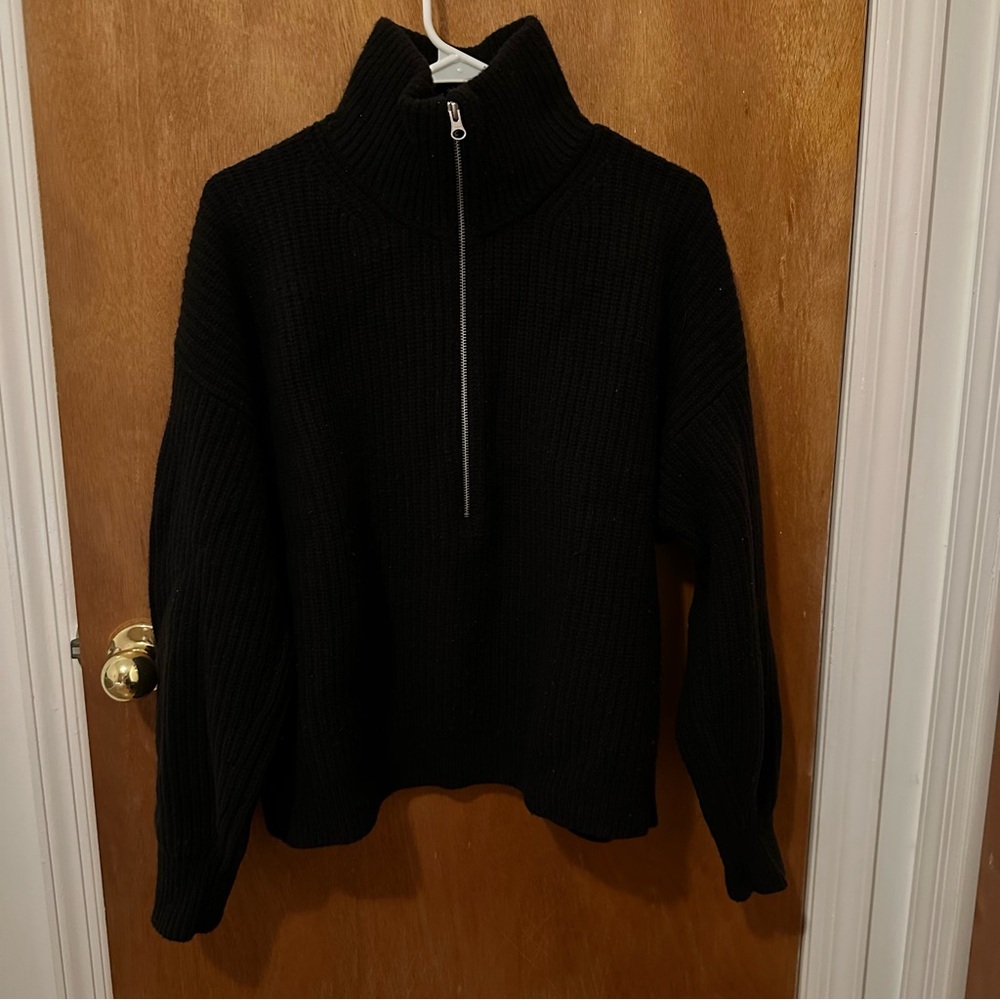 Everlane Black Half-Zip Ribbed Wool Sweater